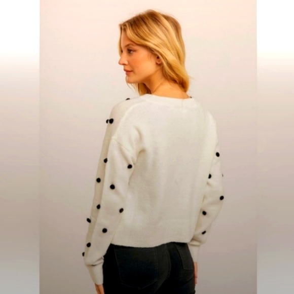 NWT Polka Dot Black Pom Pom Sweater White Cardigan - M - Picture 4 of 4